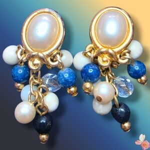 LCI Clip On Dangle Earrings Faux Pearl Blue Bead Gold Tone Vintage 856